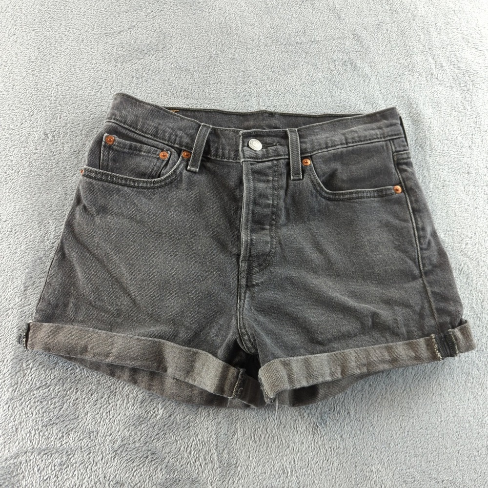 Levis Jean Shorts Womens 28 Black Faded Denim High Rise Button Fly Cuffed Cotton
